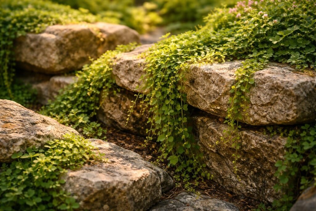 Kúszóvirágok zöld takaróként sziklakertben kövek között