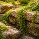 Kúszóvirágok zöld takaróként sziklakertben kövek között