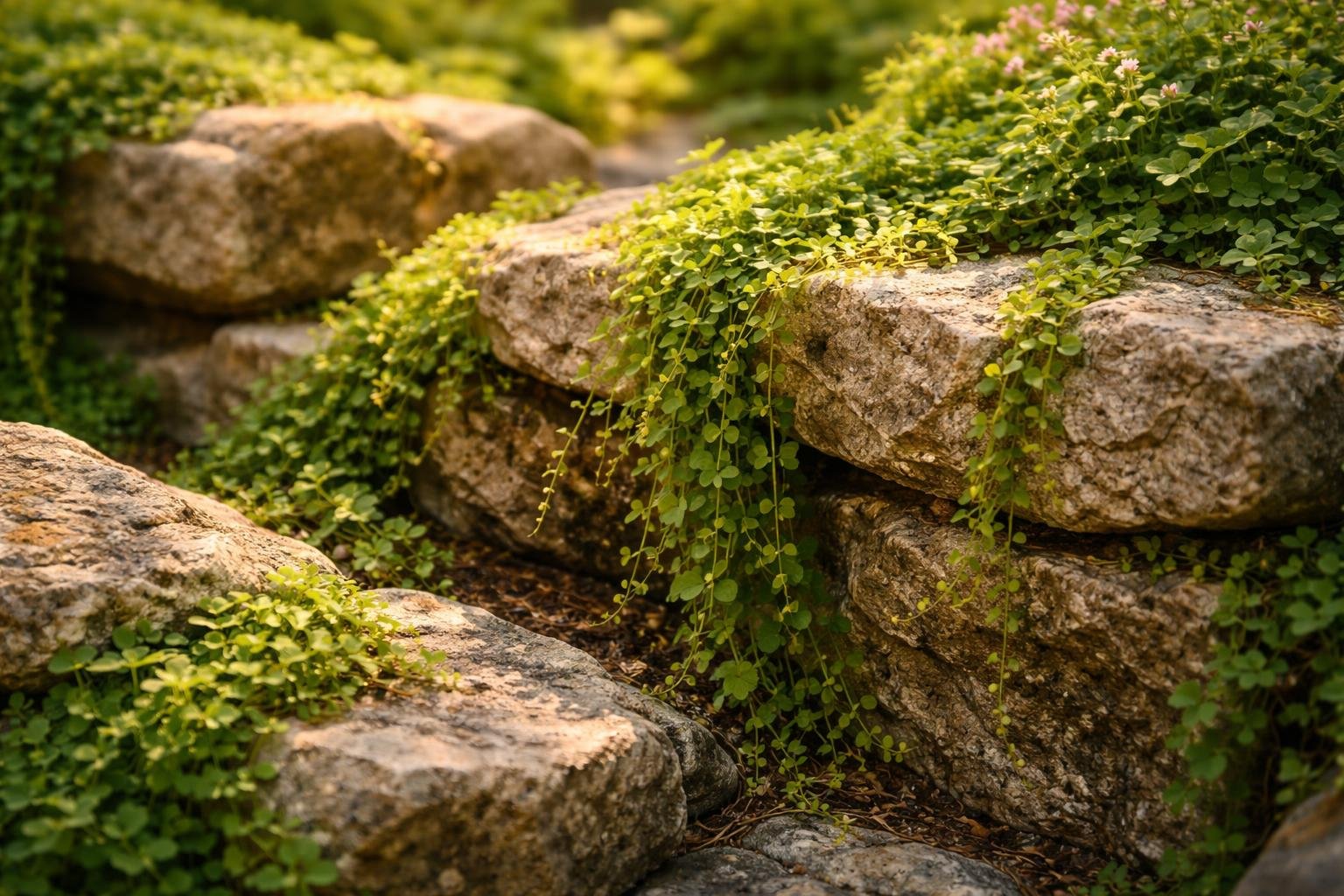Kúszóvirágok zöld takaróként sziklakertben kövek között